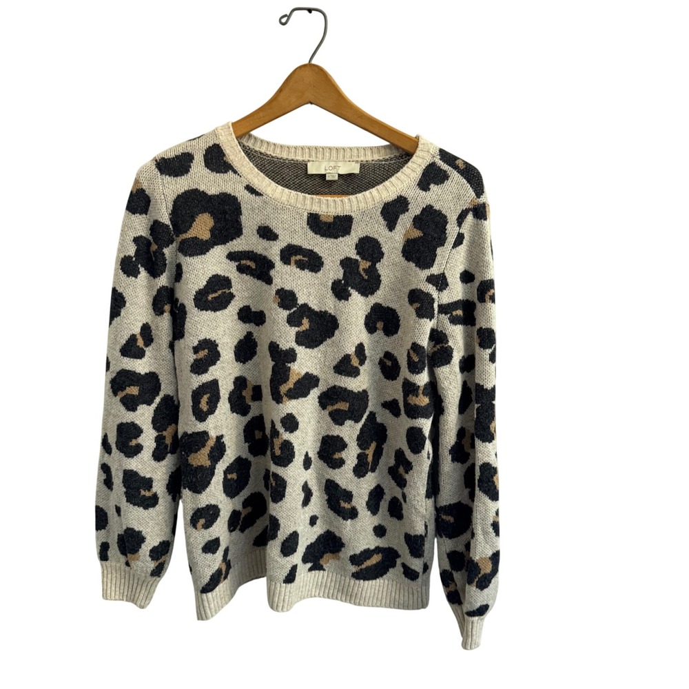 LOFT Womens Leopard Print Crewneck Sweater Wool Blend Animal Print Tan Black M